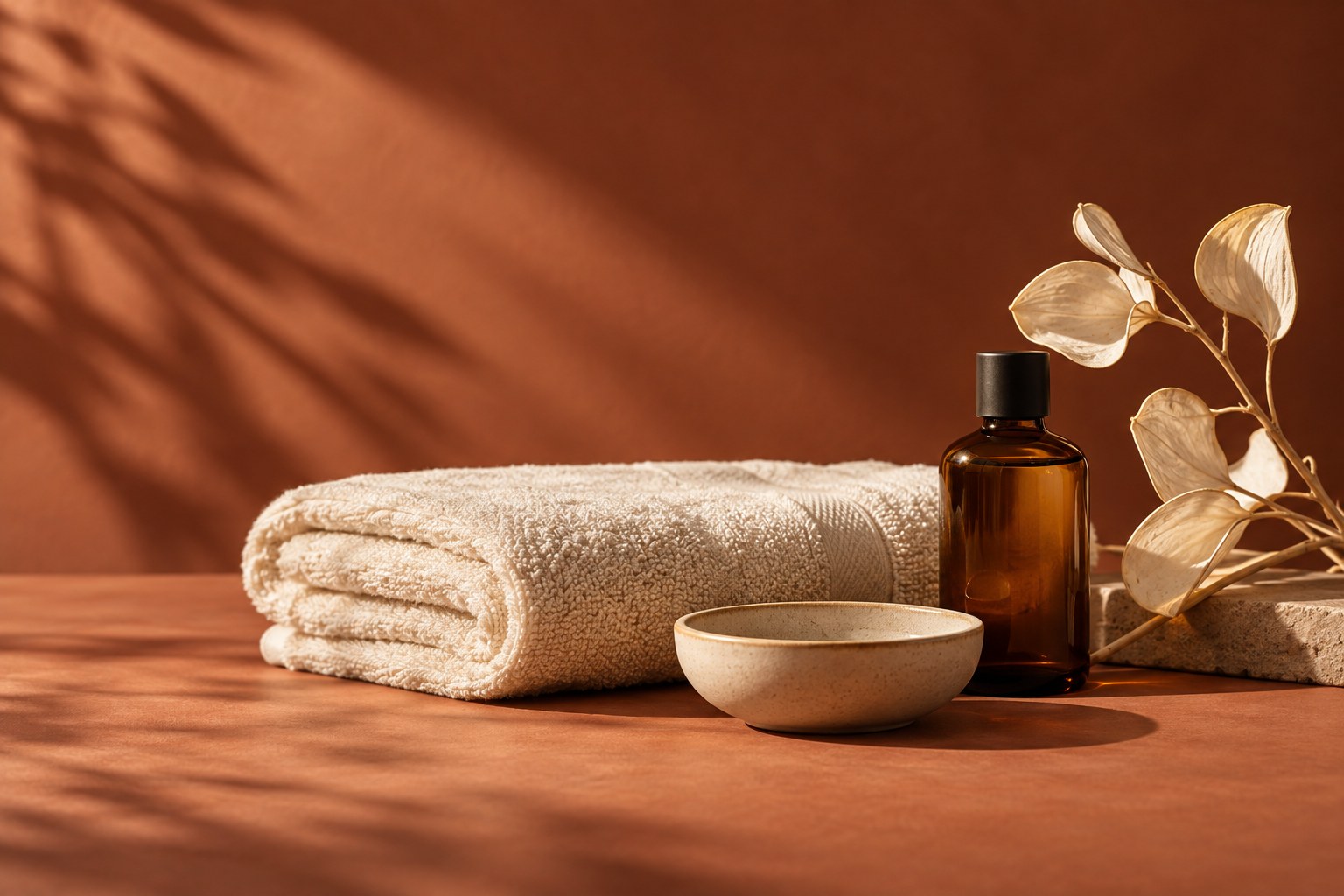 Illustrative spa still-life with towels and treatment accessories